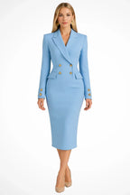 Womens blazer dress with gold buttons in Blue, midi length, front view