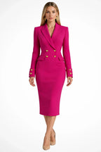 Womens blazer dress with gold buttons in Pink, midi length, front view