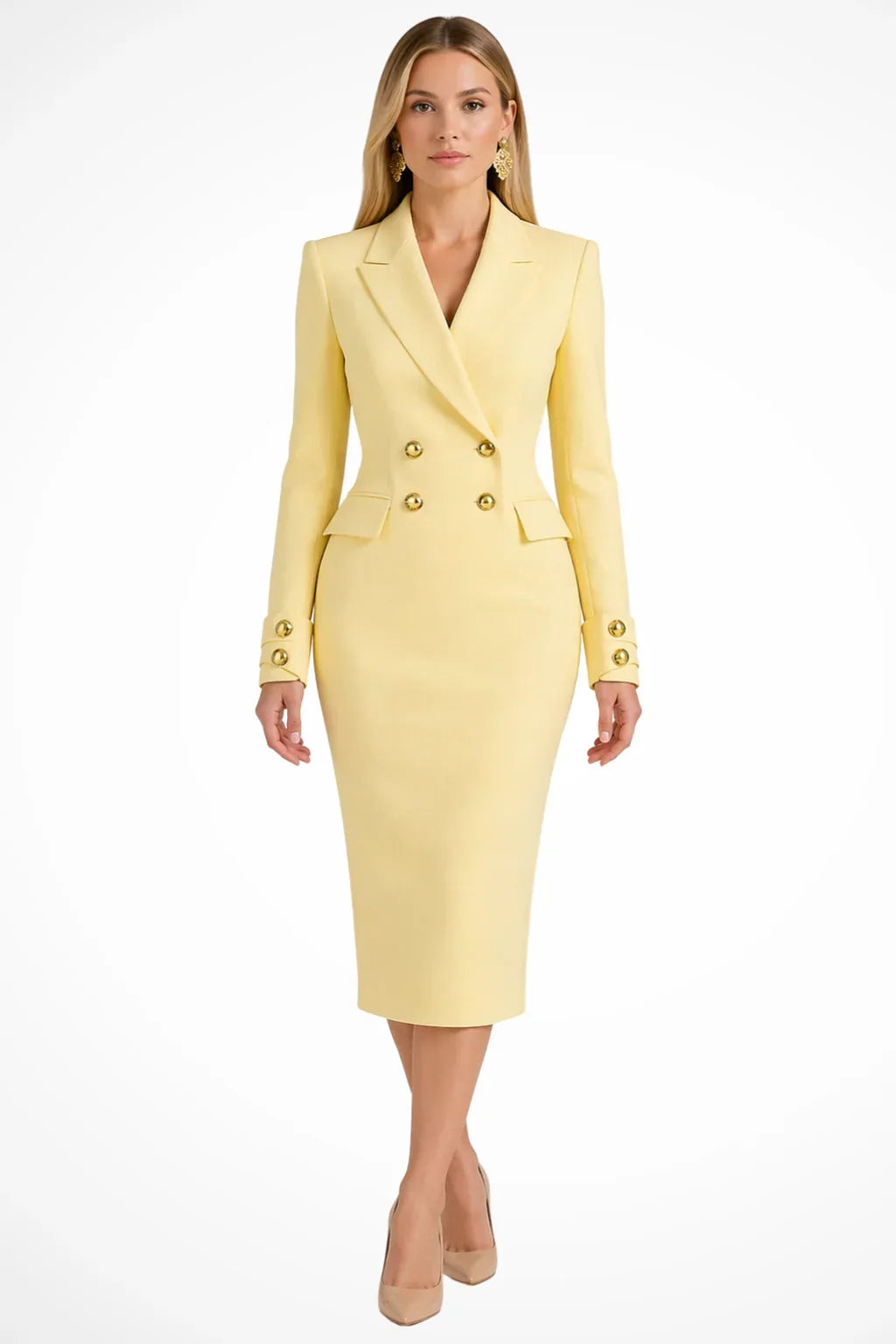 Womens blazer dress with gold buttons in Yellow, midi length, front view