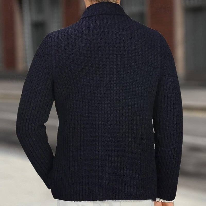 Mens cardigan in Navy, back view of the rib knit