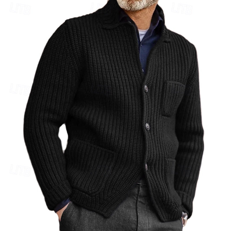 Mens cardigan in Black with fold-down collar and patch pockets