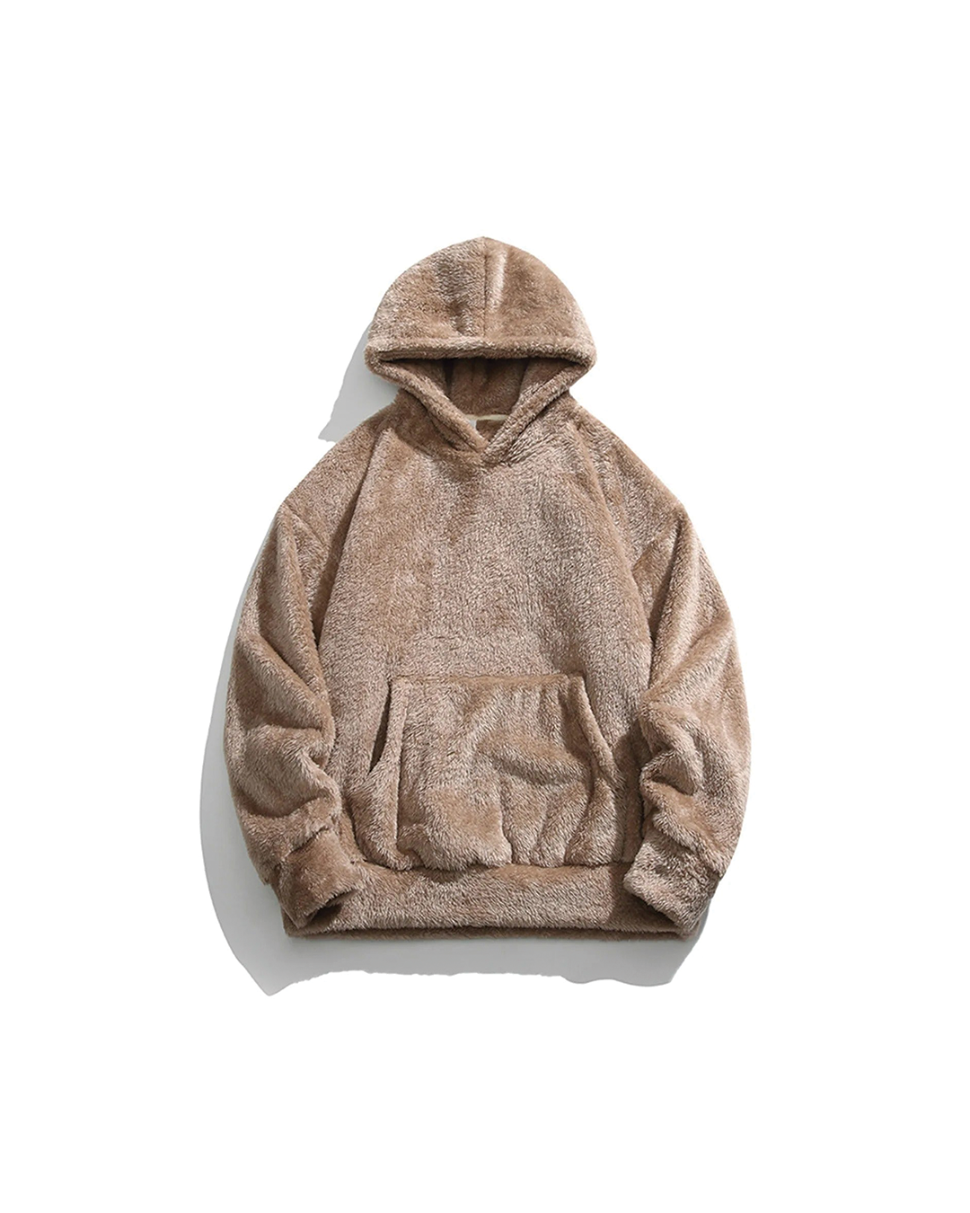 Mens fleece hoodie in Brown, plush pile with kangaroo pocket, front view