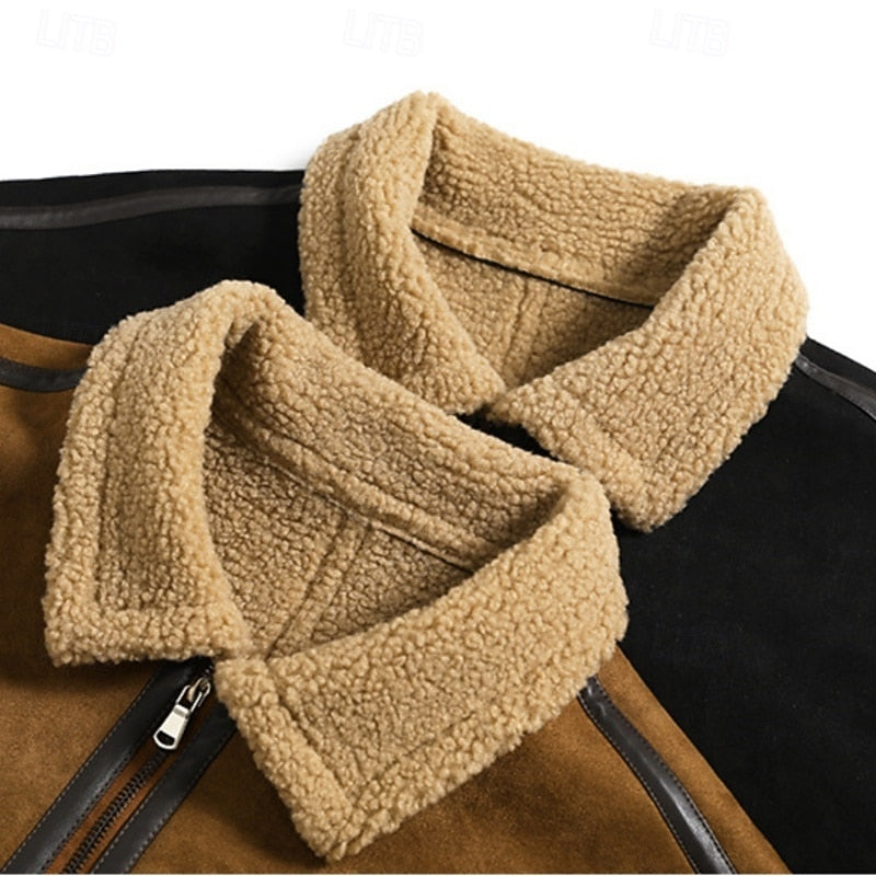 Faux Shearling Aviator Jacket for Men with Wide Collar