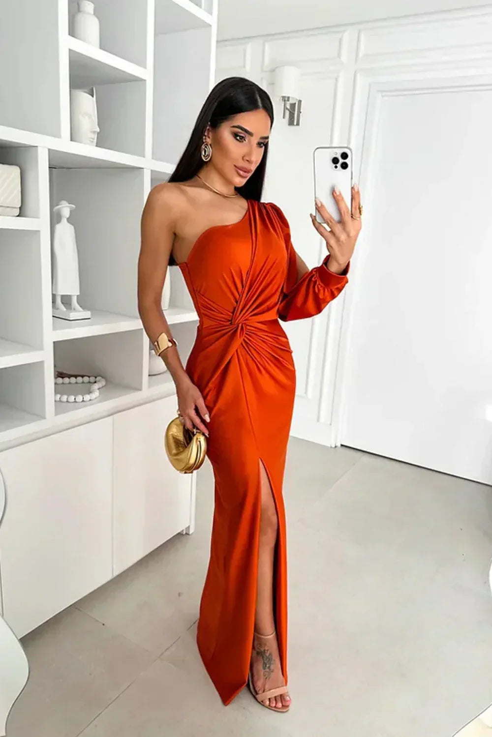 Womens one shoulder dress in Orange, satin maxi with twist knot waist, front view