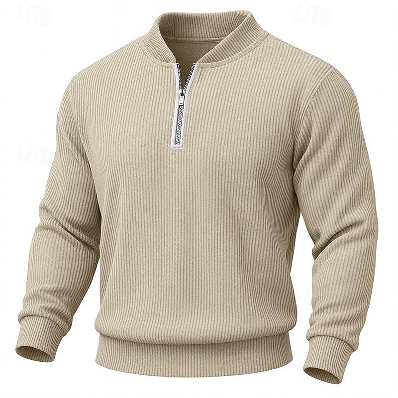 Beige stand Collar Quarter Zip Sweater for Men in Ribbed Knit