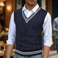 Dark Navy cable knit sweater vest for men with v neck
