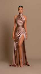 Womens halter dress in Rose Gold, satin maxi with ruched waist, front view