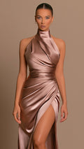 Womens halter dress in Rose Gold, close view of the halter collar and slit