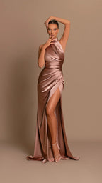 Womens halter dress in Rose Gold, satin maxi with thigh slit, front view