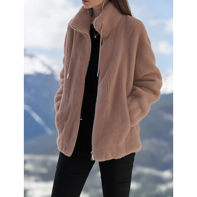 Womens fleece jacket in Khaki teddy pile, worn open
