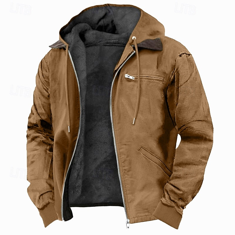 Mens fleece lined work jacket in Brown, front view, open over the fleece lining
