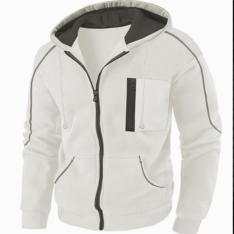 Mens zip up hoodie with gray piping, shown in white