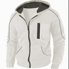 Mens zip up hoodie with gray piping, shown in white