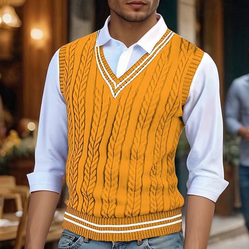 Yellow cable knit sweater vest for men with v neck