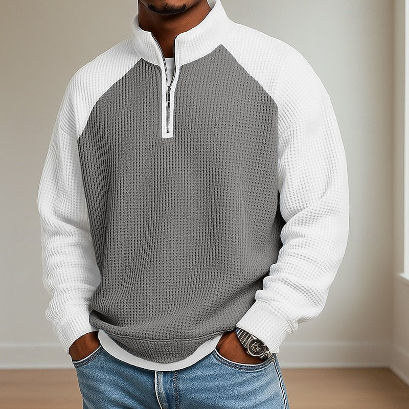 Waffle Knit Quarter Zip for Men in Gray