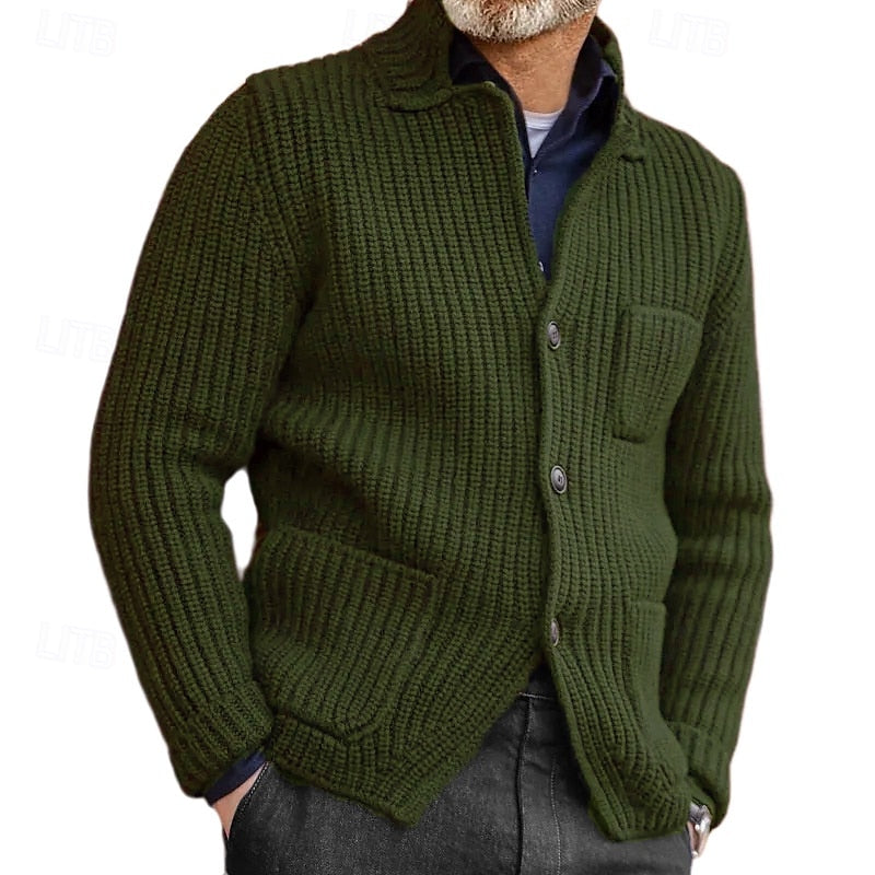 Mens cardigan in Olive with button front and patch pockets