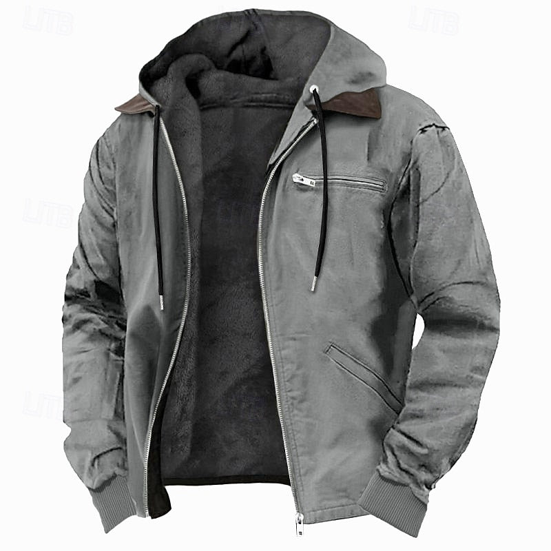 Mens fleece lined work jacket in Gray, front view, open over the fleece lining