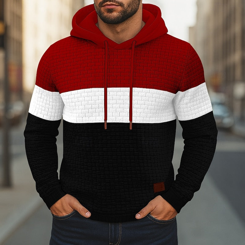 Mens color block hoodie in Red with a white band and black body