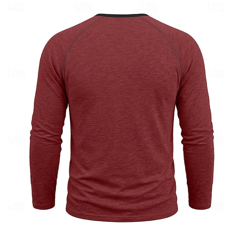 Mens henley shirt in Red, back view