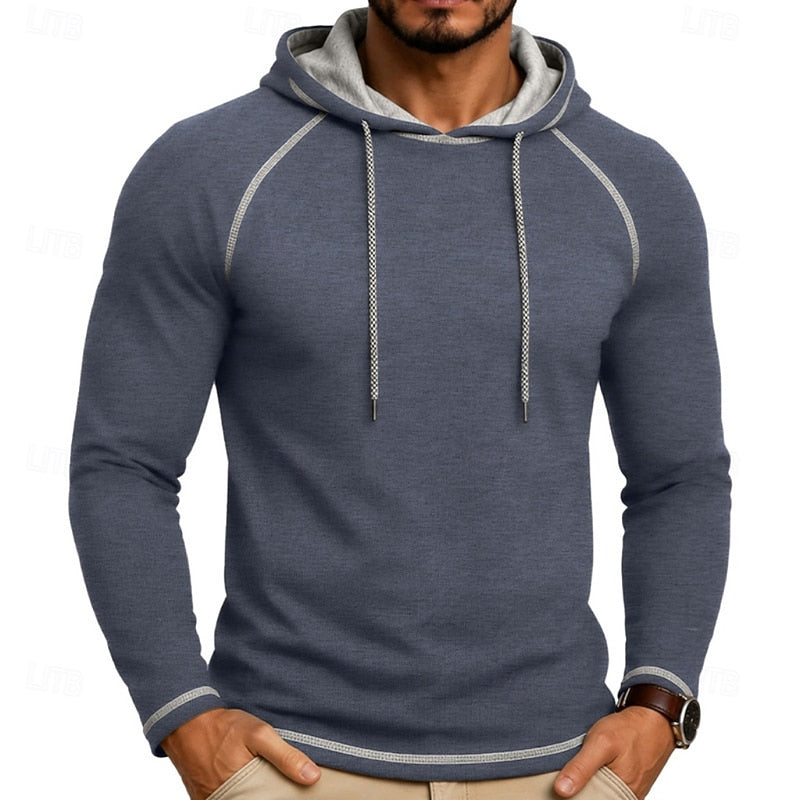 Mens pullover hoodie in Slate with contrast stitching, worn