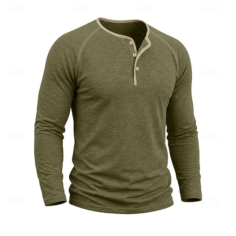 Mens henley shirt in Army Green, front angle