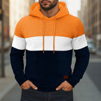 Mens color block hoodie in Orange with a white band and navy body