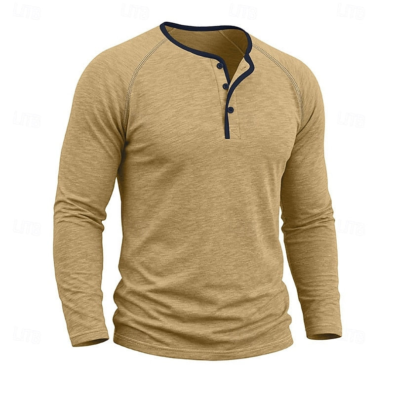 Mens henley shirt in Khaki, front view with dark neck trim