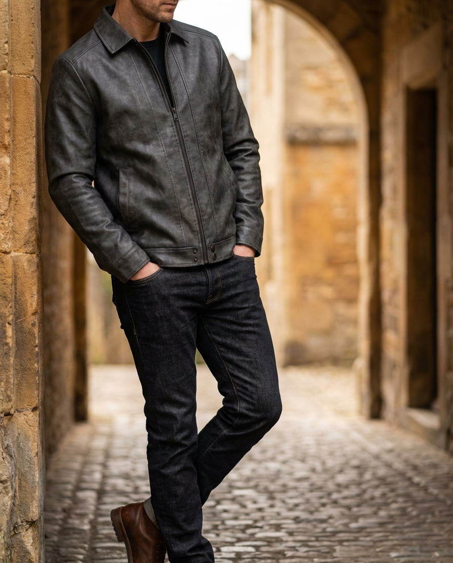 Mens leather jacket in Black, worn with dark jeans