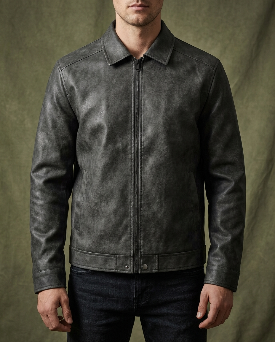 Mens leather jacket in Black, front view zipped