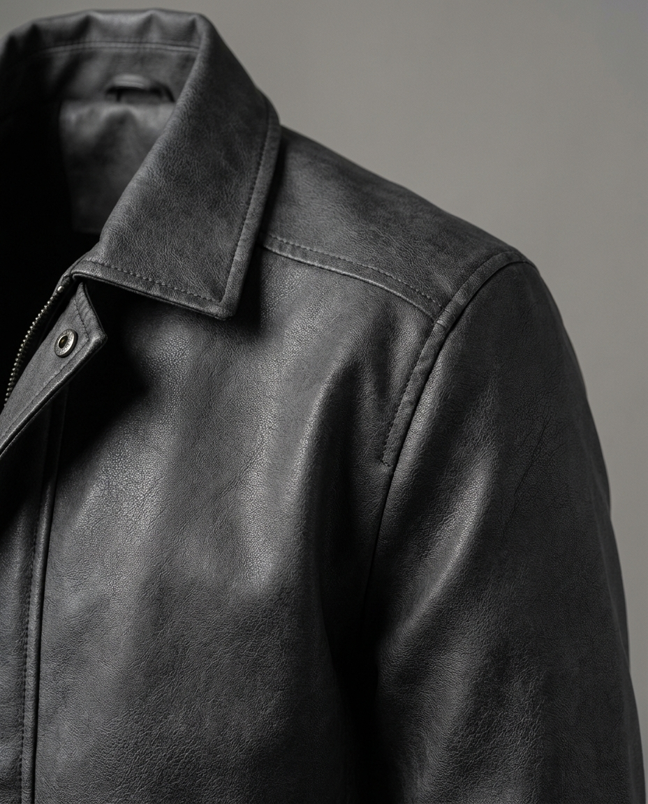 Mens leather jacket in Black, close-up of the collar and shoulder
