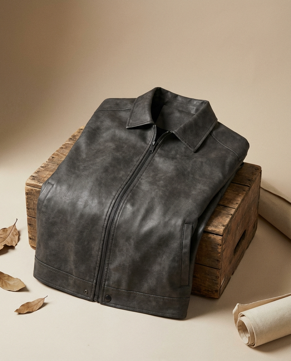 Mens leather jacket in Black, folded on a crate