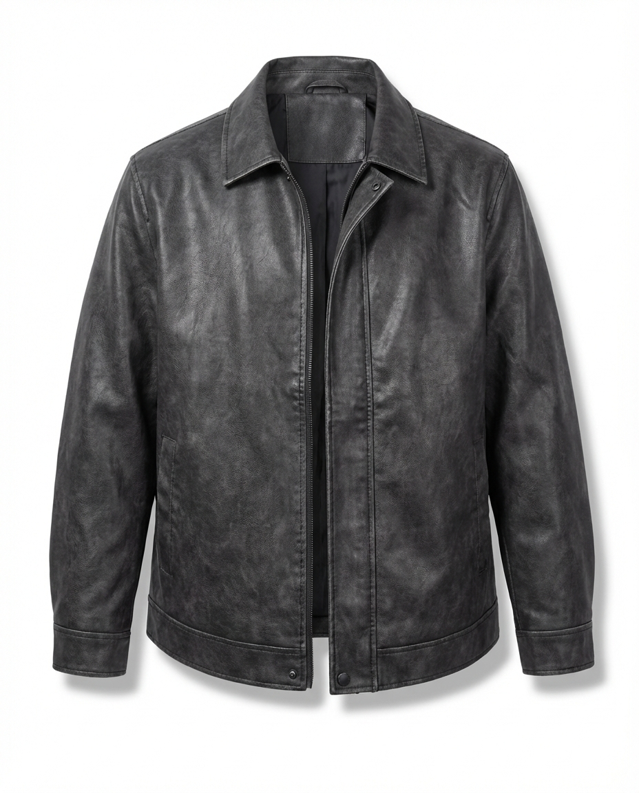 Mens leather jacket in Black, front view with point collar