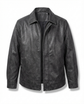 Mens leather jacket in Black, front view with point collar