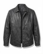 Mens leather jacket in Black, front view with point collar