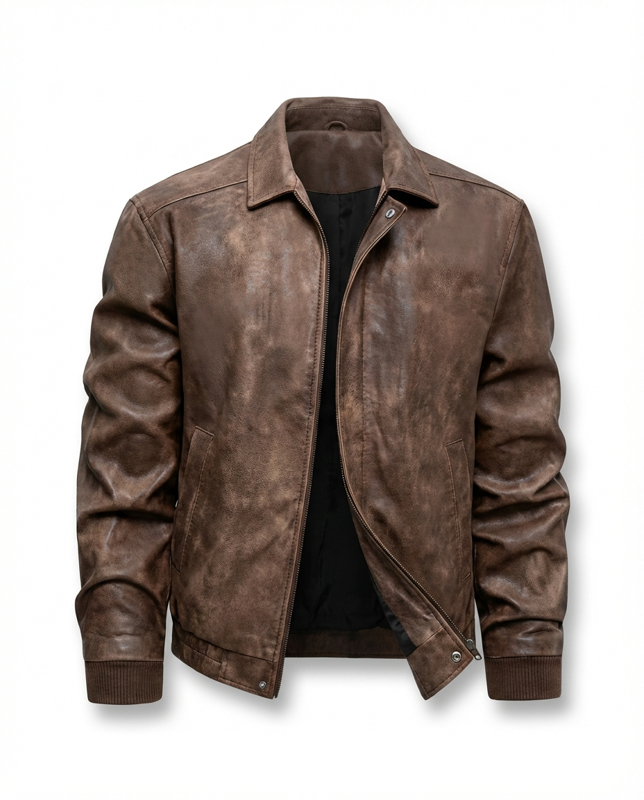 Mens leather jacket in Brown, front view open