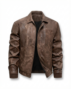 Mens leather jacket in Brown, front view open