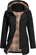 Womens rain jacket in Black, open to show the plaid lining and hood