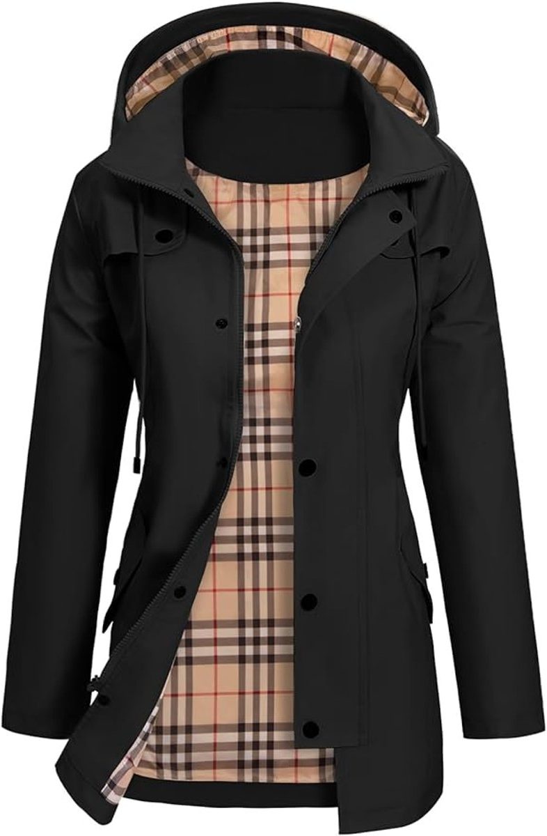 Womens rain jacket in Black, open to show the plaid lining and hood