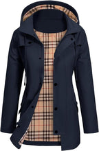 Womens rain jacket in Navy, open with plaid lining and drawstring hood
