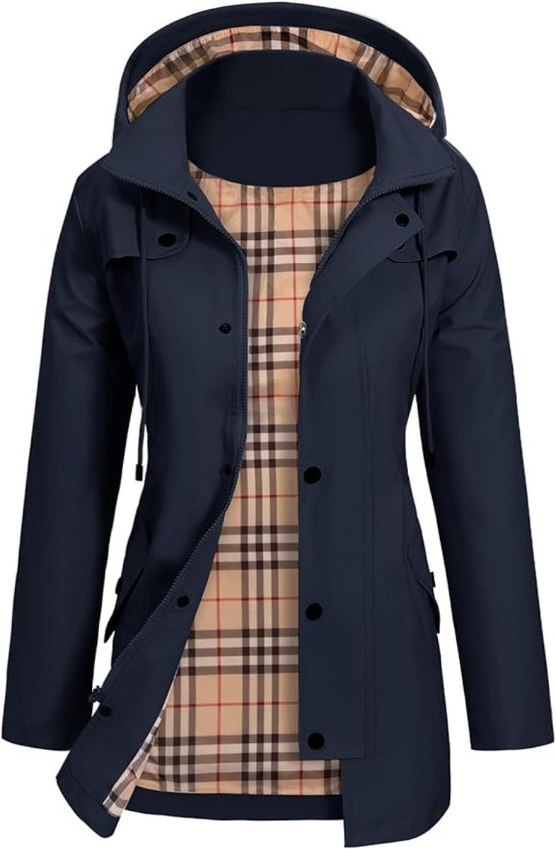 Womens rain jacket in Navy, open with plaid lining and drawstring hood