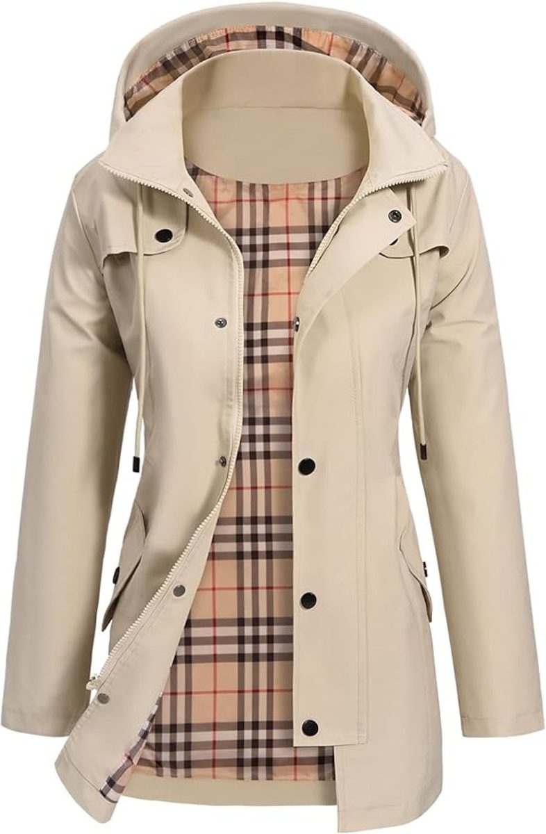 Womens rain jacket in Beige, open with plaid lining and drawstring waist