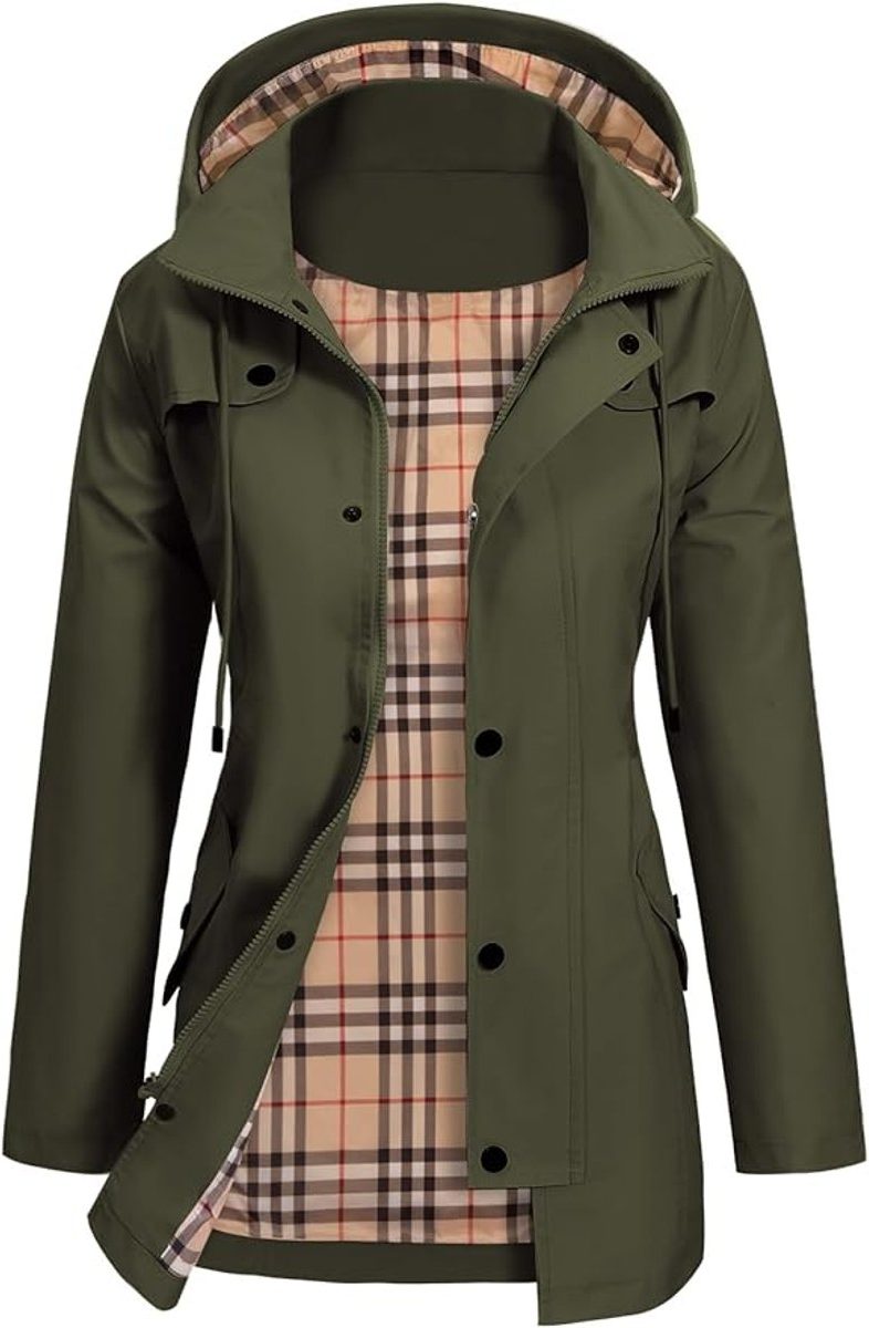 Womens rain jacket in Olive, open with plaid lining and snap flap pockets