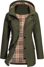 Womens rain jacket in Olive, open with plaid lining and snap flap pockets