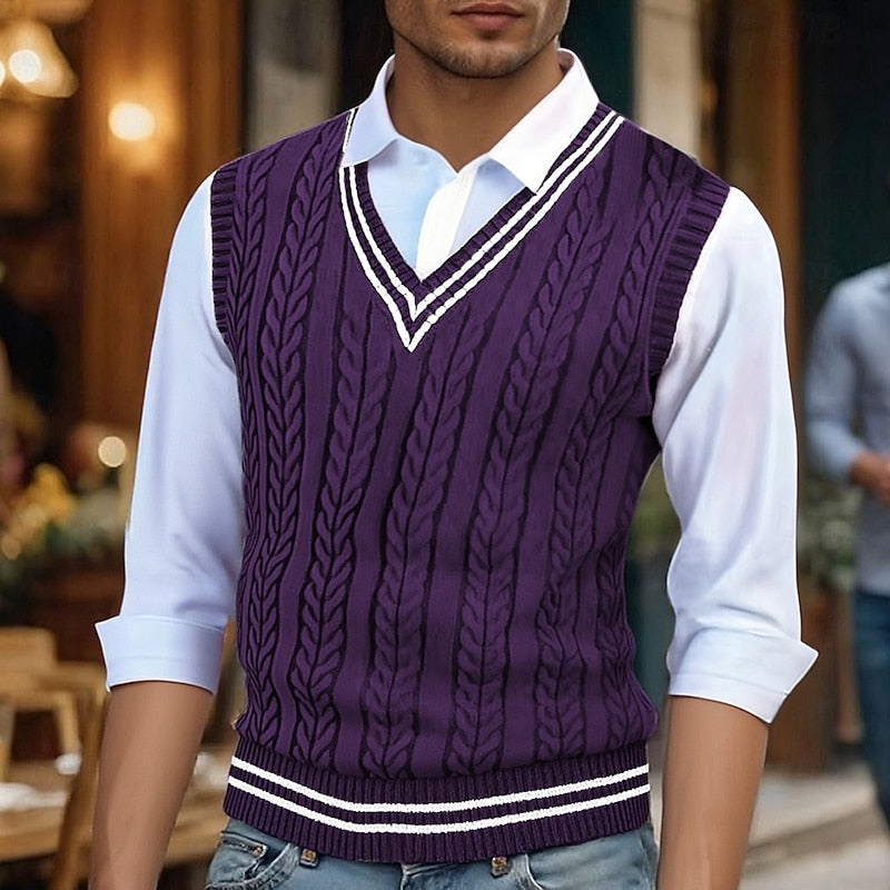 Purple cable knit sweater vest for men with v neck
