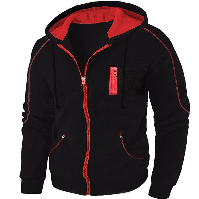Mens zip up hoodie in Black with red piping, red zip and red lined hood