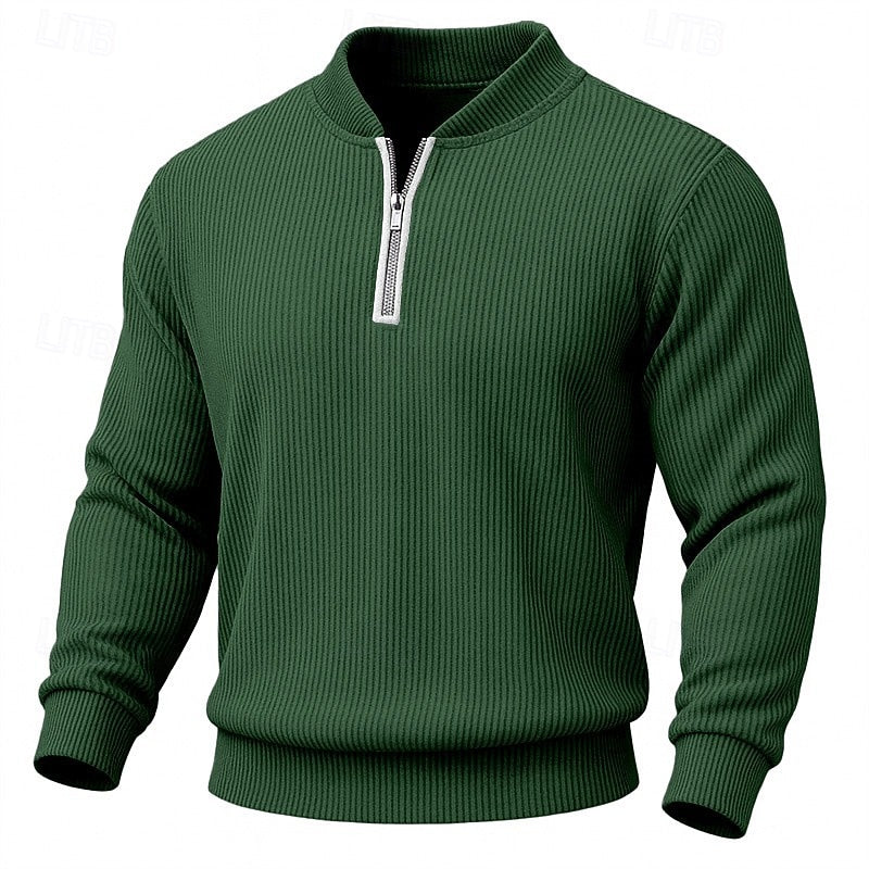 Dark Green stand Collar Quarter Zip Sweater for Men in Ribbed Knit