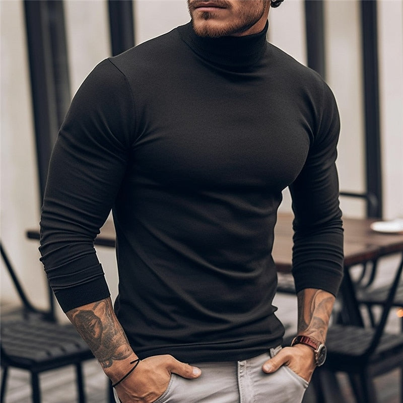 Mens turtleneck in Black, worn with light pants