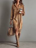 Womens corduroy shirt dress in Tan, full length front view