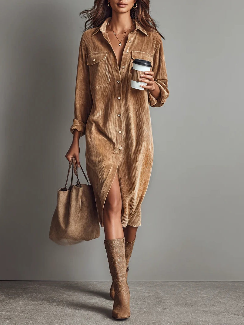 Womens corduroy shirt dress in Tan, full length front view