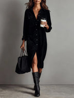 Womens corduroy shirt dress in Black, full length front view